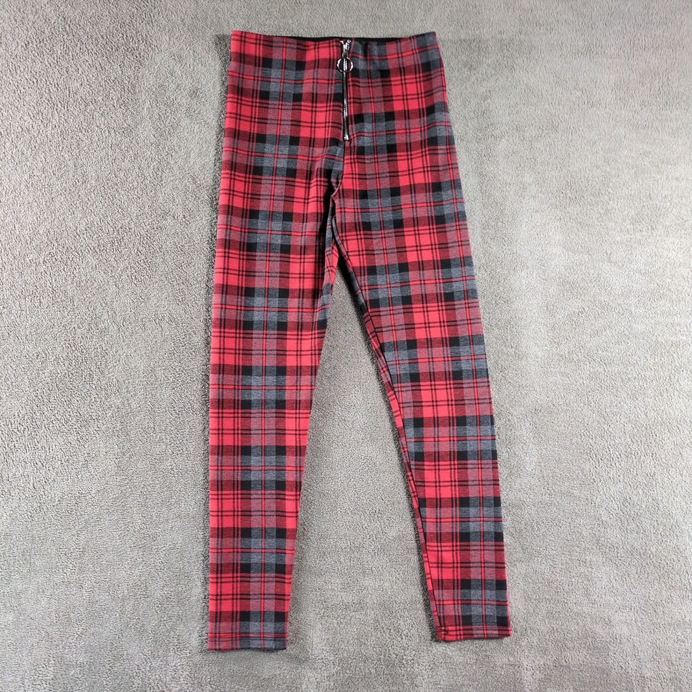 Runway Paris Red Plaid Zipper Front Leggings Pants Women's Size S Punk